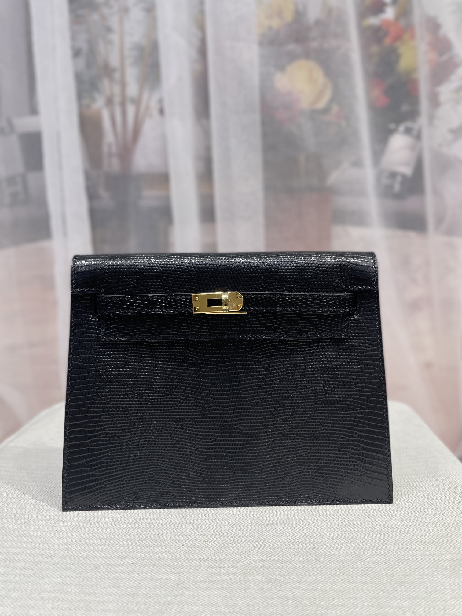 Hermes Kelly Danse Evercolor Bag In Black Lizard Leather